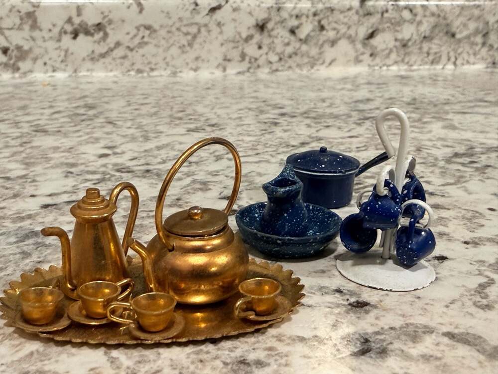 Vintage Miniature Dollhouse Brass and Metal Tea Set and Kitchenware Collection